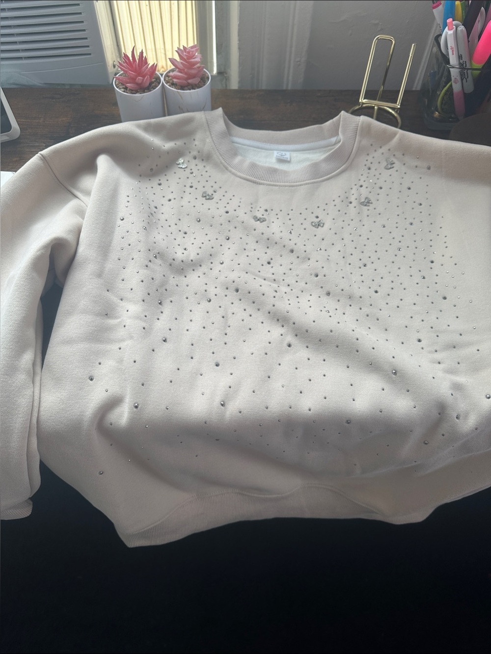Zara Beige Crewneck Sweatshirt with Rhinestone Details